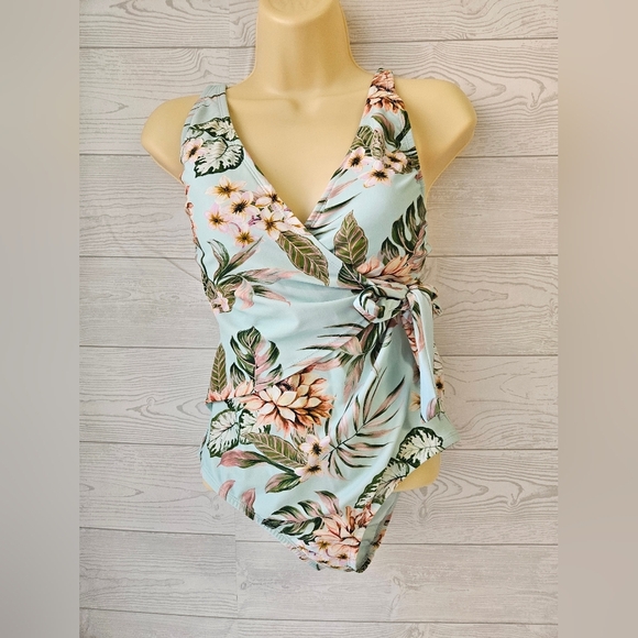 Kona Sol- Women's Blue Tropical Wrap-Front Full Coverage One Piece  Sz S - Picture 2 of 12